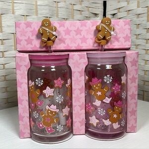 NIB Peppermint & Pine Glass Sipper Set- Pink Cowboy|Girl Gingerbread Theme